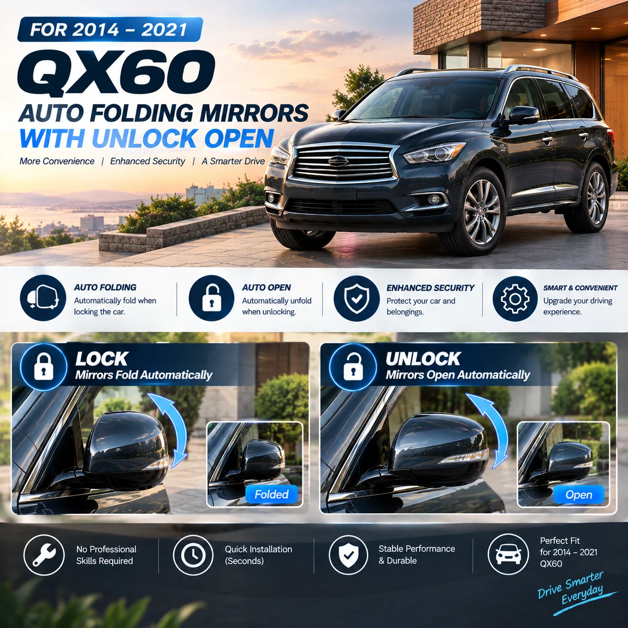 Dedicated retrofit kit for Infiniti QX60 (2014–2021 models): mirrors fold upon locking and unfold upon unlocking