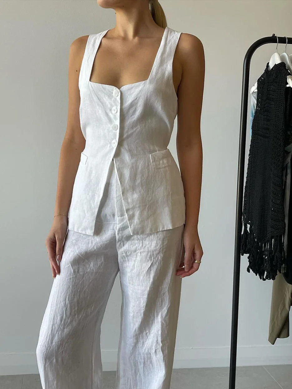Novo conjunto de colete e calças com gola quadrada longo sve algodão faion conjunto roupas femininas primavera 2024 coleção terno de duas peças