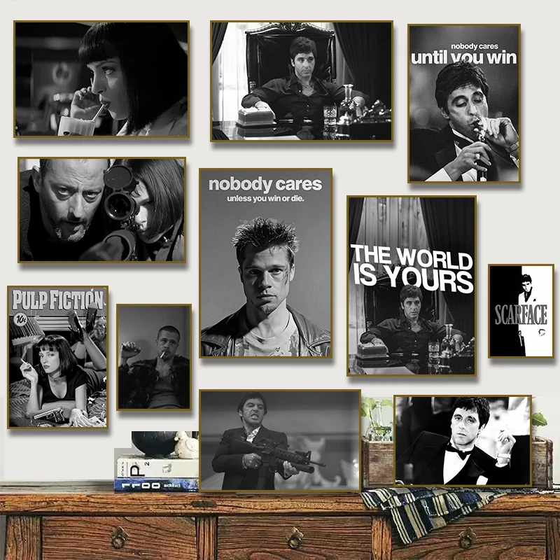 Scarface Pulp Fiction Leon Movie Poster Black and White Inspirational Wall Art Classic for Living Room Home Decor Cuadros