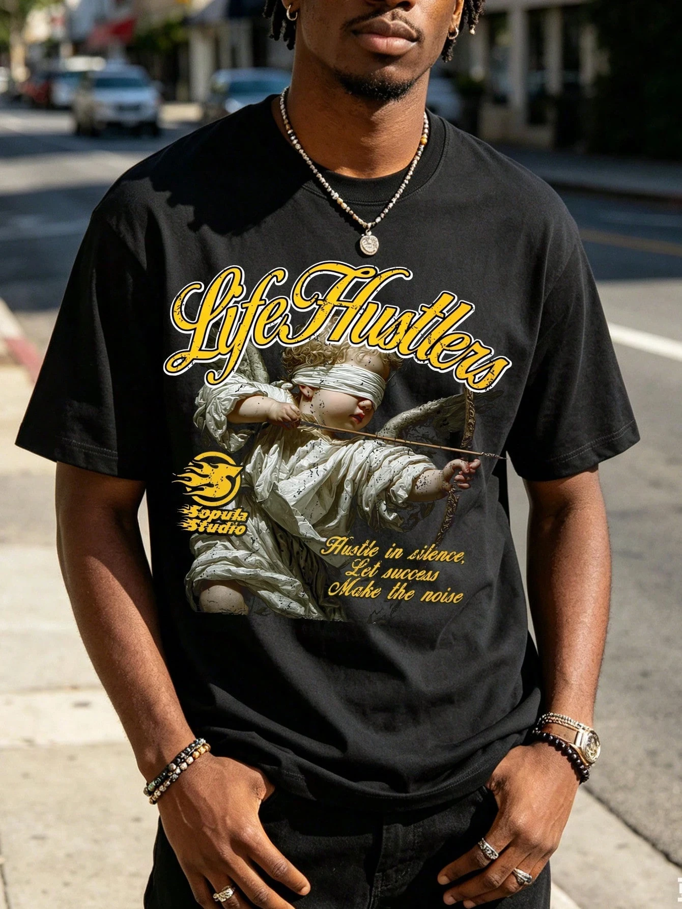 2026 New Family Matching T‑Shirt Vintage Blindfolded Cupid Angel Life Hustlers Cursive Text Front Print Oversized Cotton Short