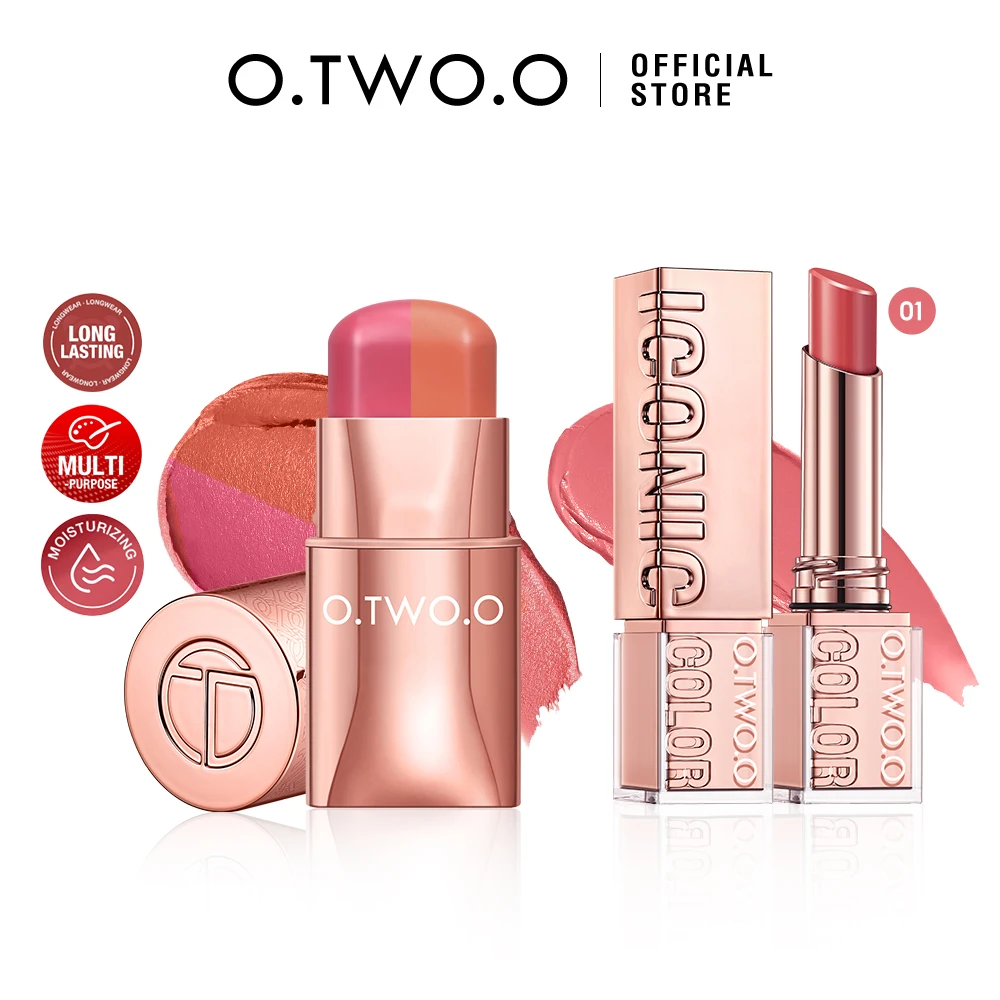 O.TWO.O 2pcs Blush Stick Lipstick Multi-use Moisturizing Nourishing Lightweight Smooth Long-wear Red High-shine Lip Tint Makeup