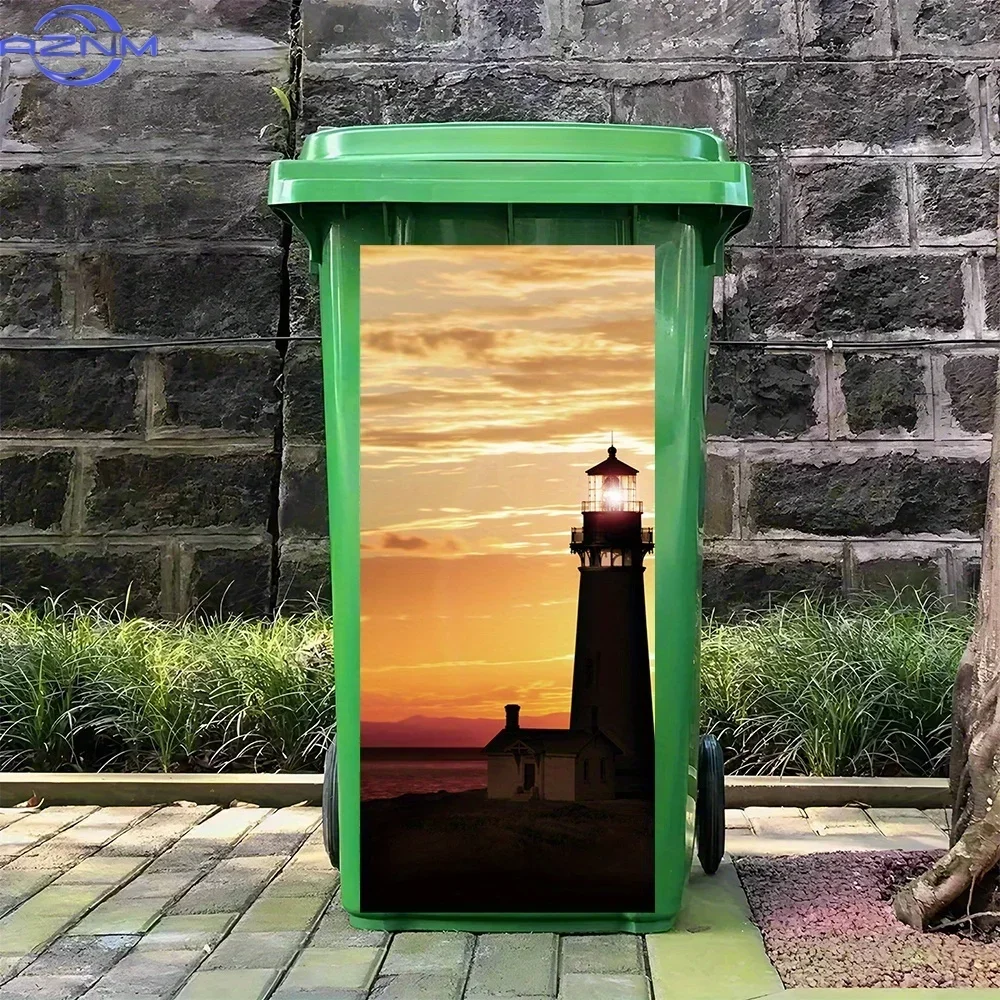 1pc Seaside Scenery Picture of a Glowing Lighthouse and Buildings Under the Setting Sun - PVC Sticker with Adhesive for Trash