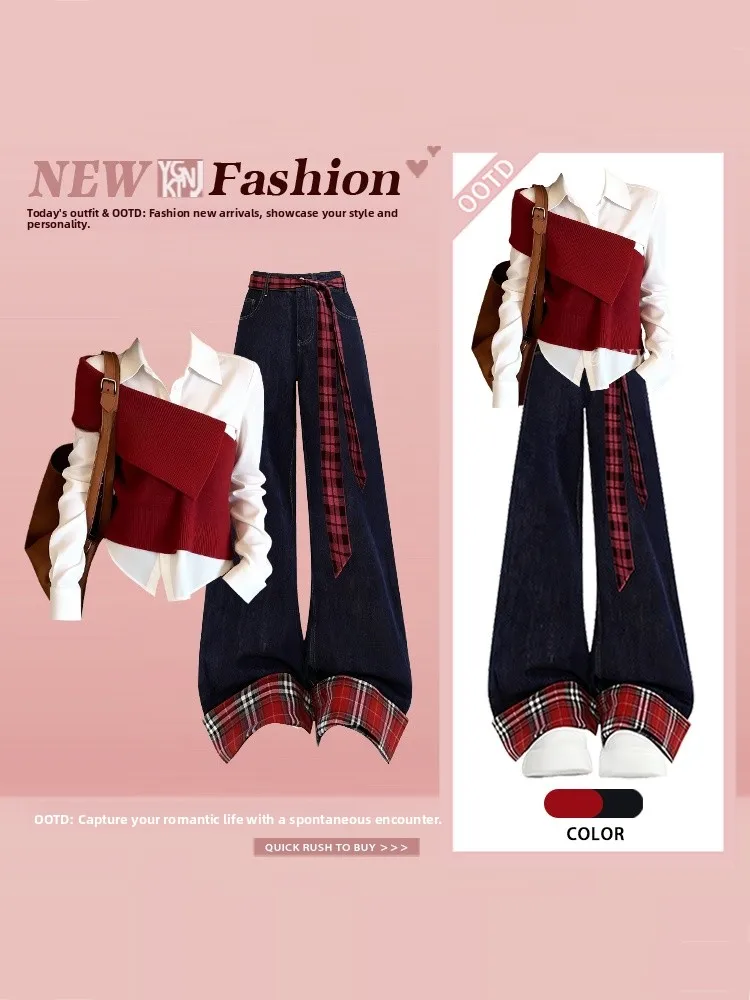 

Faionable Red And White Patchwork Spring irt Top And Wide Leg Denim Pants Set Work orm High Waist Trousers Ensemble