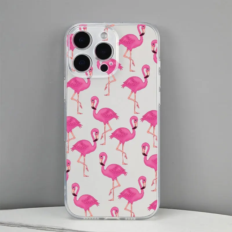 Transparent flamingo pattern phone case suitable for iPhone 18 17 16 15 14 13 12Pro/Max/Plus anti drop and shockproof back cover
