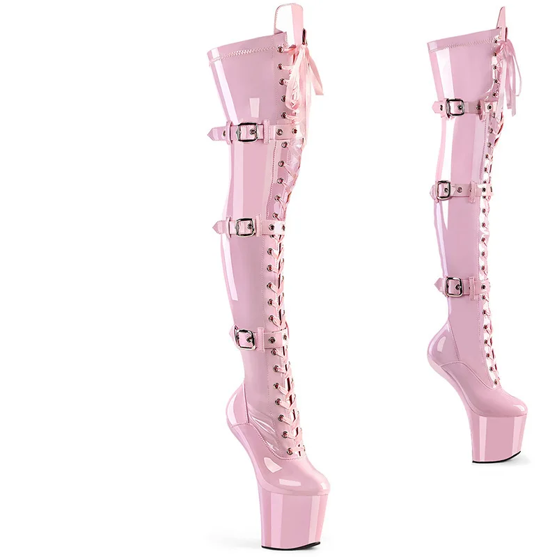 20cm Ultra High Heel Platform Boots Erotic Lace Up Buckle Pole Dance Shoes Large Size Nightclub Runway Over The Knee Boots