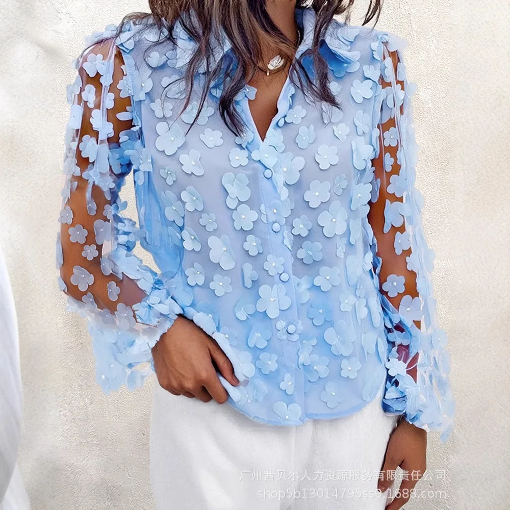 

Women Shirt Lantern Sleeves Blouses Turn Down Collar Top Three Dimensional Flowers Elegant Sheer Mesh Y2k Streetwear 2025 Spring