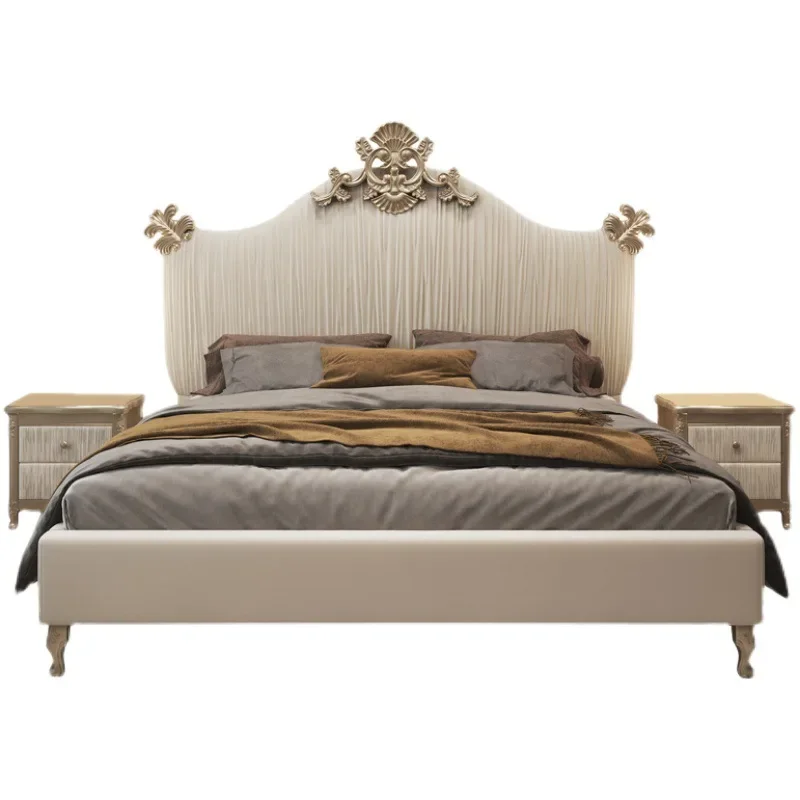 

French light luxury fabric bed Hong Kong master bedroom wedding bed American double bed Italian velvet classical carved