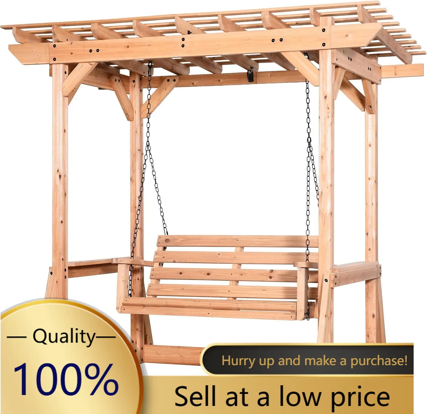 Callahan 8' x 5' Cedar Wood Outdoor Patio Pergola Swing Bench with Trellis, Two-Person Seating, Chains, Water Resistance, 600 Lb