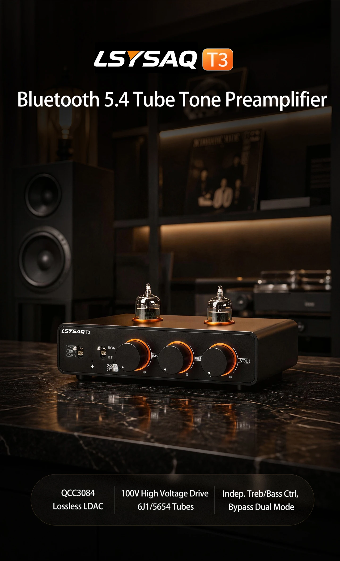 LSYSAQ T3 Vakuumröhren-Vorverstärker Bluetooth 5.4 6J1 Röhren-HiFi-Stereo mit Klangregelung LDAC APTX‑HD Audioeingang für Heimverstärker – Detail 1