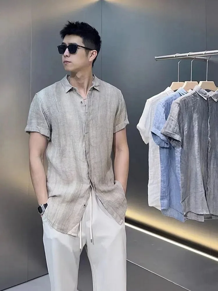 

New Pure Linen Comfortable Breathable Pleated Texture Loose Casual irt Men Summer Lightweight f Sve Faion Urban Sle