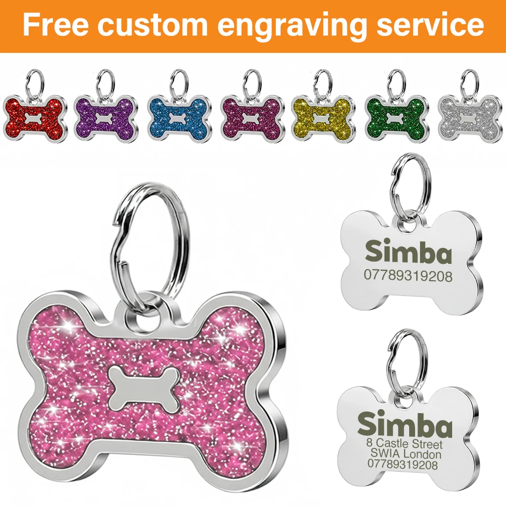 Gravure Gratuite, Plaque d'Identification Scintillante Personnalisée, Plaque d'Identification pour Chien, Adresse de Téléphone Personnalisée, Pendentif Anti-Perte pour Chiot, Étiquettes d'Identification pour Chat et Chien
