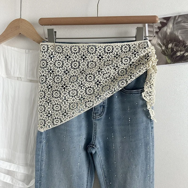 

Layered tie-detail sheer lace geometric floral scarf hip wrap corset waist cincher slimming fashion triangle shawl