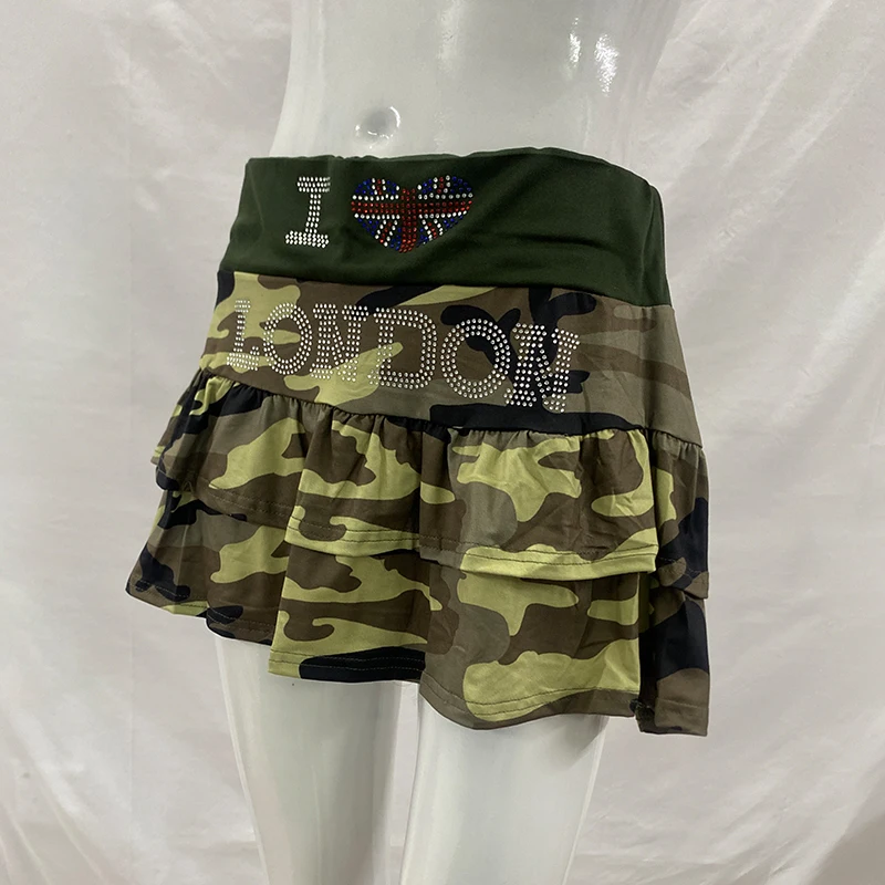 Fashion Casual High Waist Skirt American Sexy Spice Girl Cascade Cake Skirt Summer Harajuku Camouflage Letters Rhinestone Skirt