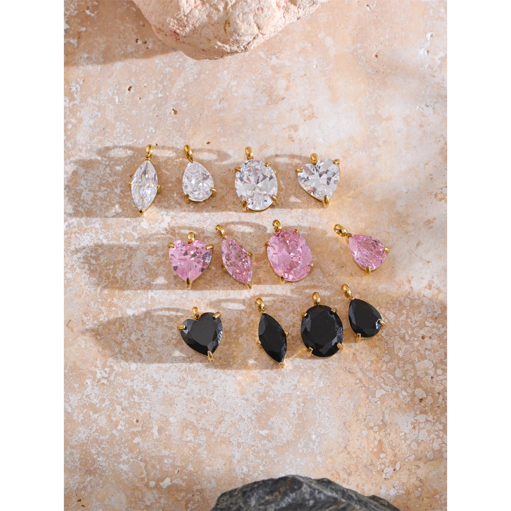 Yhpup Casting Technology Fashion Black White Pink Bling Cubic Zirconia Gold Color Charm Pendant Stainless Steel DIY Accessories