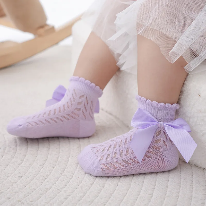 0-3Years Baby Girls Socks With Big Bows Breathable Children Girl Short Hollow Out Toddlers Kids Cotton Princess Cute