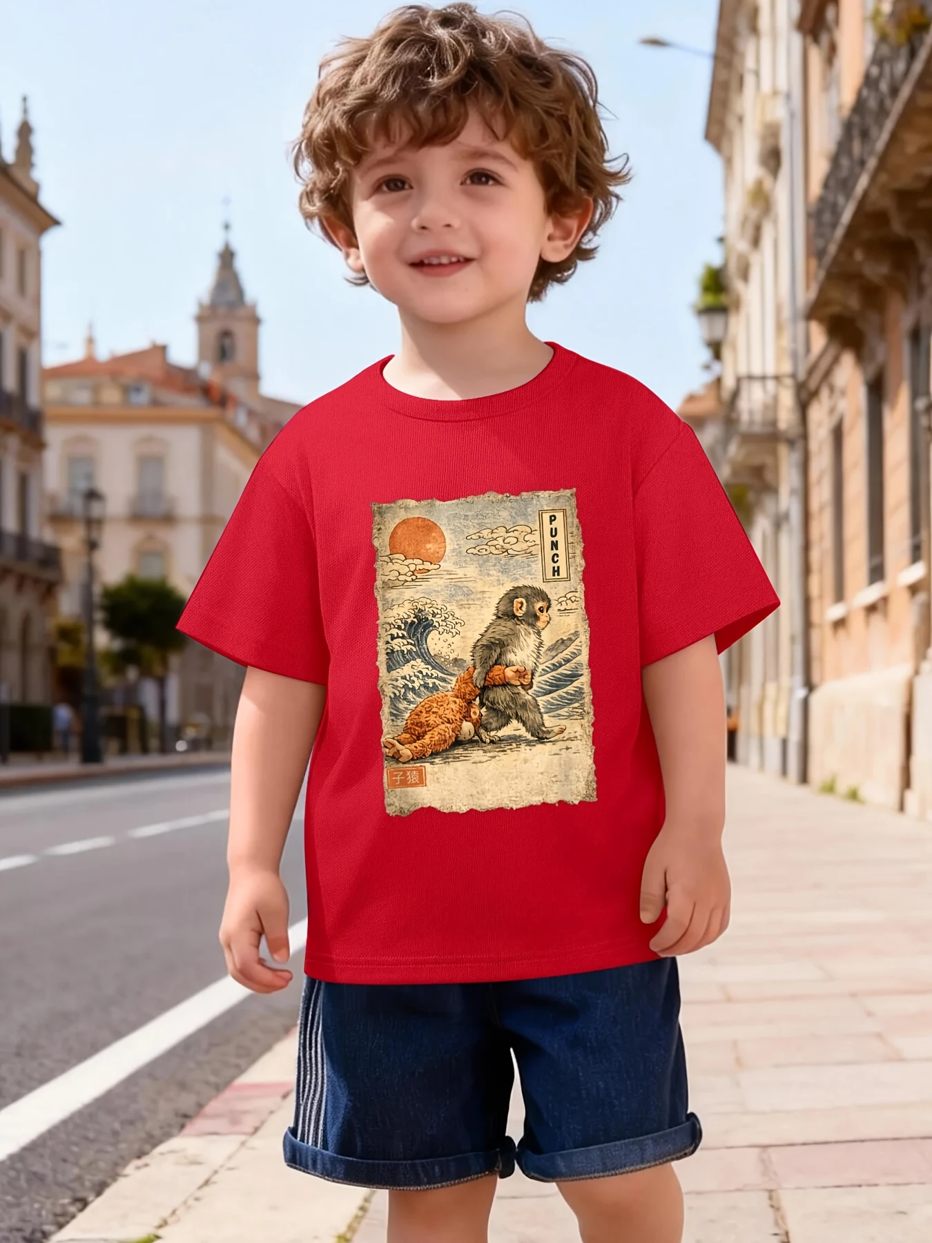 Vintage Ukiyo-e Style Monkey Retro Wave Art Graphic Print T Shirt Family Matching Boys Girls Kids Casual Short Sleeve Tops