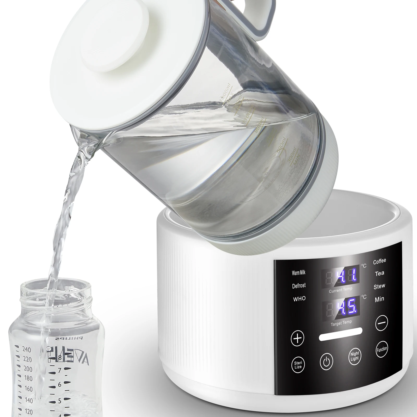 

Health Electric Baby Kettle Silicon Components BPA Free Fast Warming LED Temperature Display Glass Tea Maker 1.5L Capacity for