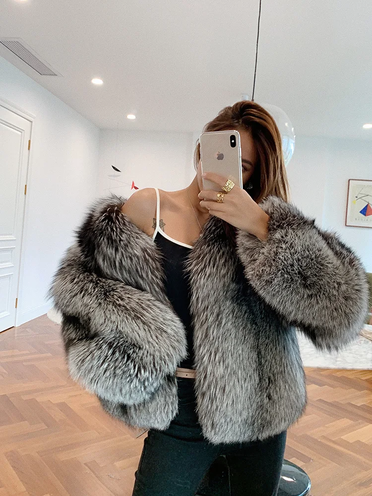 Highend Quality Real Natural Silver Fox Fur Coat Genuine Women Winter Luxury Female Jacket Long Sleeve