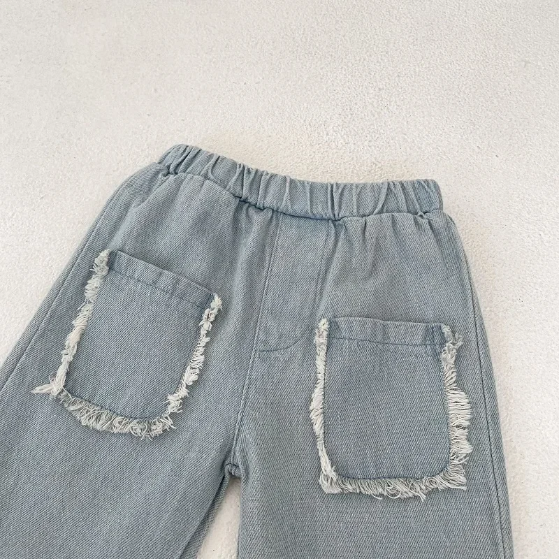 INS Baby Denim Pant 0-3Years Newborn Boy Girl Solid Color Elastic Waist Pocket Soft Jeans Cropped Trouser Bottom Spring Clothes