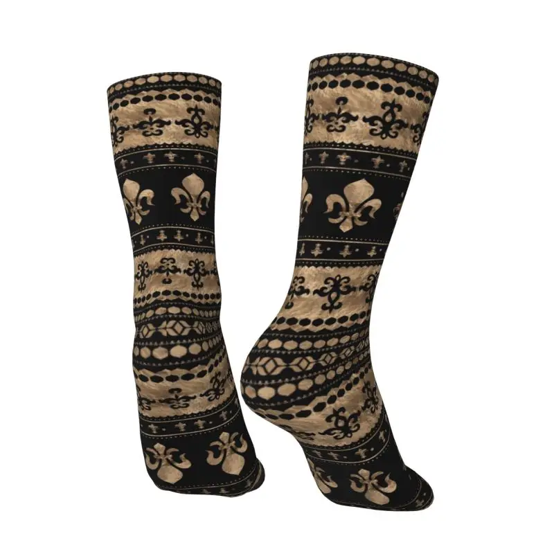 Black And Gold Fleur De Lis Men's Crew Socks Unisex Novelty Fleur-De-Lys Lily Flower Spring Summer Autumn Winter Dress Socks