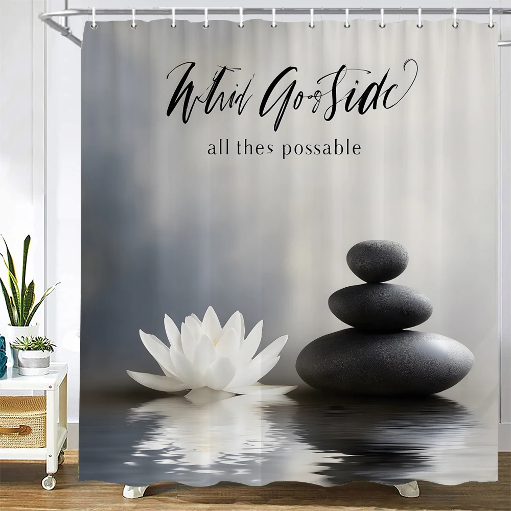 Lotus and Zen Stone Shower Curtain Bath Curtain Polyester Fabric Flowers Printed Bathroom Curtains for Home Decoration Curtain