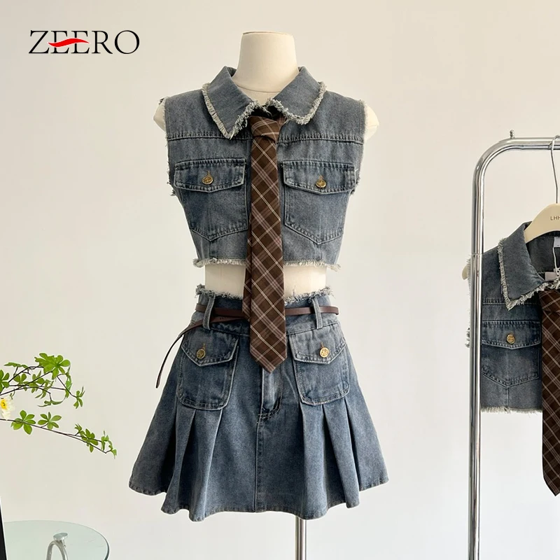 

Pretty Style Summer Women Sexy Sleeveless Fleece Design Collar Denim Vest Tank Tops + High Waist Pleated Denim Skirt Suit Set