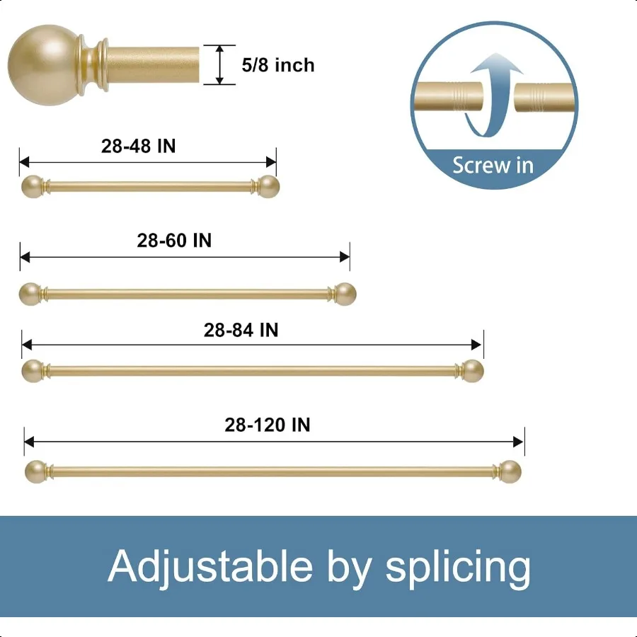 Hastes de cortina douradas para janelas 28 a 48 polegadas 5 8 polegadas de diâmetro haste de cortina de comprimento ajustável haste de cortina resistente de aço inoxidável