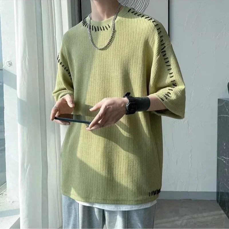 

Летние мужские футболки с вафельным вышивкой, новые футболки с круглым вырезом и короткими рукавами, уличная одежда 2025, Y2K, однотонная футболка большого размера