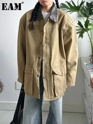 [EAM] Khaki Leather Collar Big Size Casual Jacket New Lapel Long Sleeve Women Coat Fashion Tide Spring Autumn 2024 1DH8168