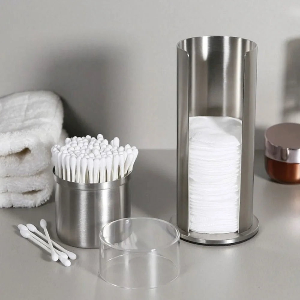 Stainless Steel Makeup Storage Organizer Detachable Dispenser Acrylic Lids Cotton Pads Organizer Decorative Countertop