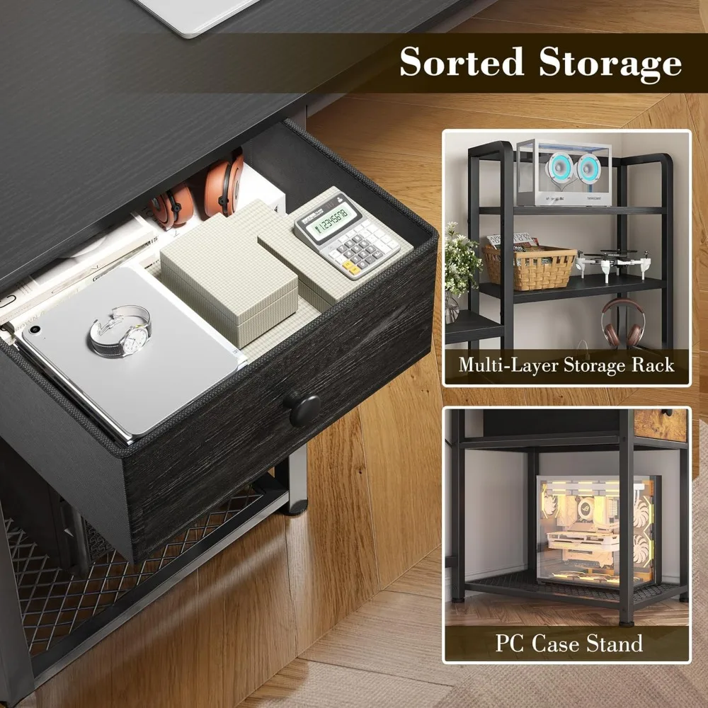 Mesa de computador de 44 polegadas com gaiola e gavetas, mesa de jogos reversível com prateleira para monitor, mesas de escritório doméstico com tomada USB