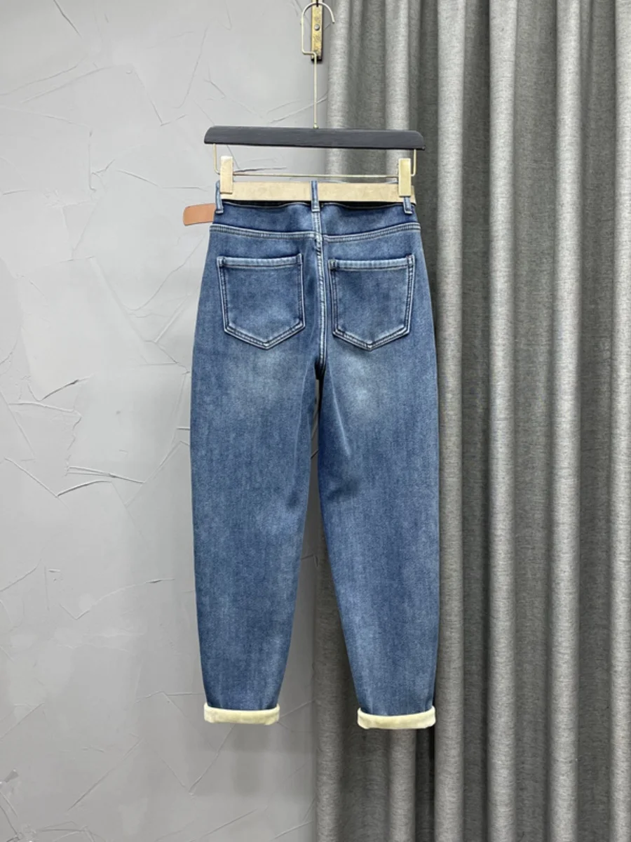 Winter New 2023 Light Blue Fleece-Lined Warm Ankle-Tied Harem Pants Women's Denim Trousers Loose Stretch Slimming Baggy Jeans