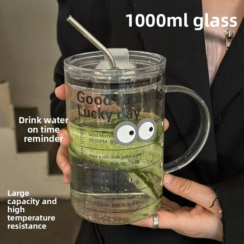 Glass Cup with A Large Capacity of 1000ml High Borosilicate Foam Tea Cup Female Office Household Drinking Straw Cup New Model