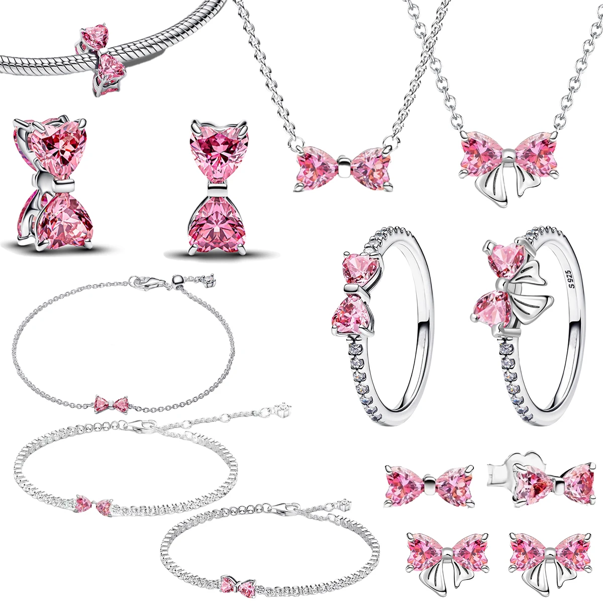 925 فضة الوردي القوس مجموعة سحر خواتم أقراط القلائد حبة تألق المرأة مجوهرات هدية الأزياء الخفيفة الفاخرة صنع #1
