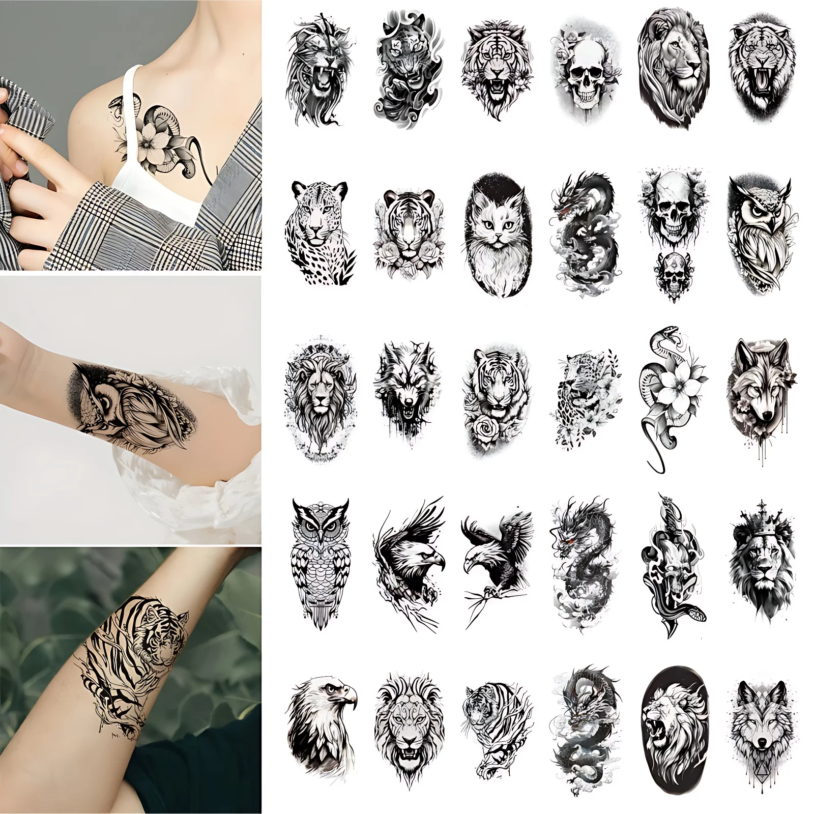 Autocollant de Tatouage Temporaire pour Homme, Motif Animal, Tigre, Aigle, Dragon, Loup, Chat, Théâtre, Poulet Cool, Ventre, Main et Dos, 30 Pièces/Ensemble