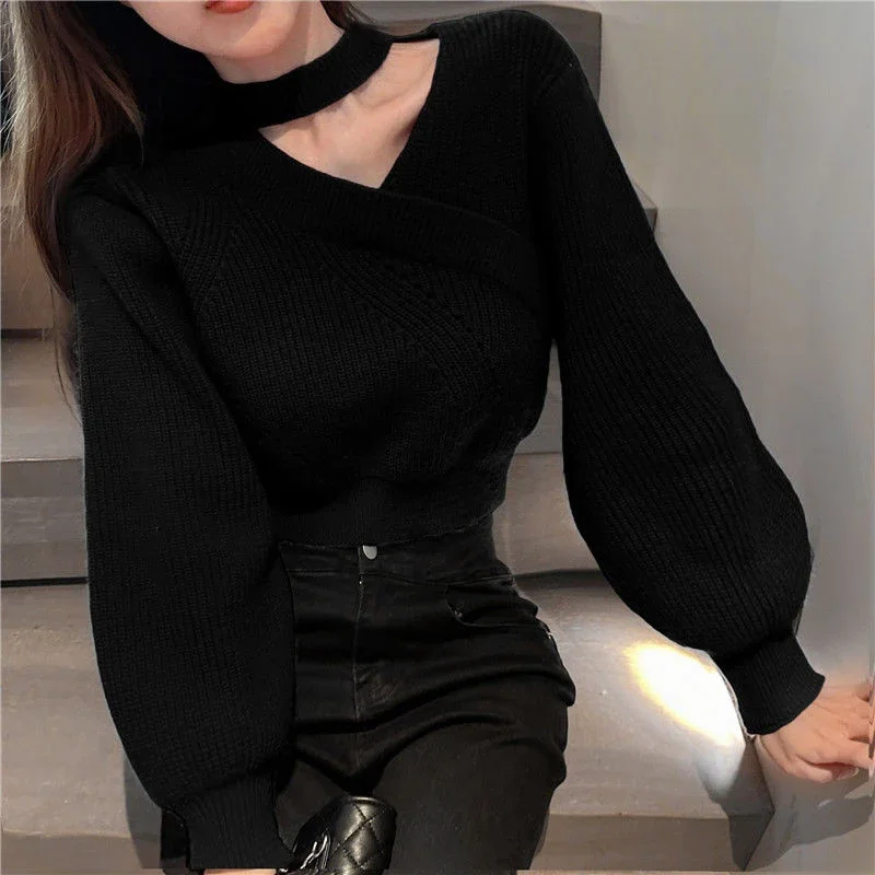 Cropped Halter Sweater Women Korean Black Sexy Off Shoulder Knitted Pullovers Winter Ladies Elegant Knitwear Fashion Jumpers New