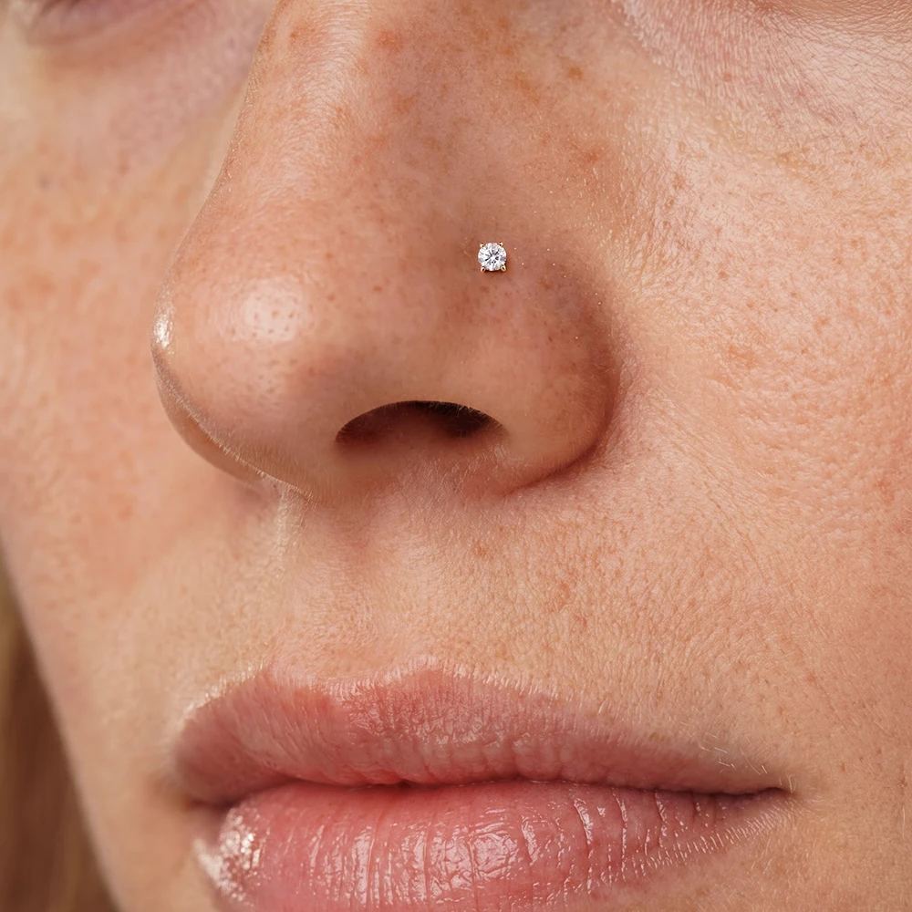 CANNER 14K Solid Gold Zirconia 1PC Nose Stud Round Shiny Crystal Screw Nose Piercing L Shape Bone Nostril Piercing 2MM Jewelry