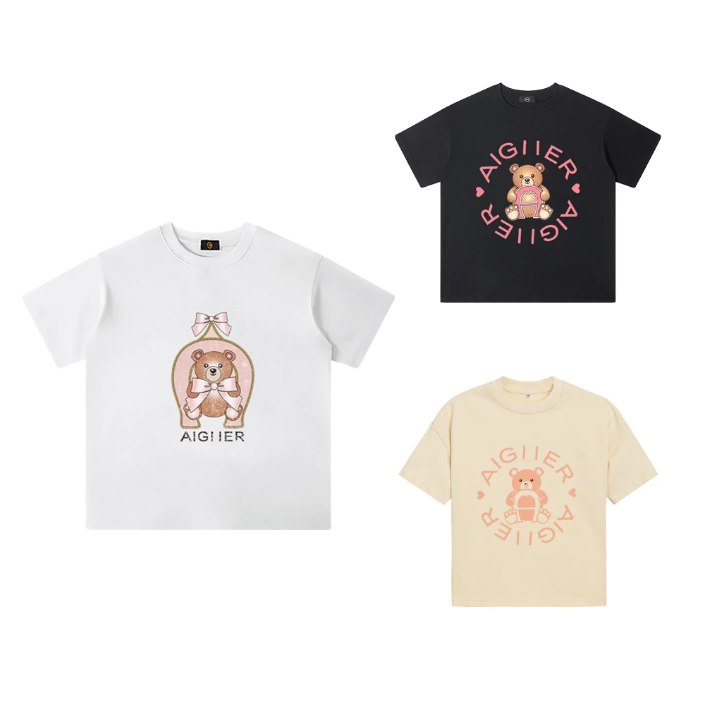 Summer Girls Graphic T Shirt, Bow Teddy Bear Print Crew Neck Top, Casual Daily Kids Girls Tees