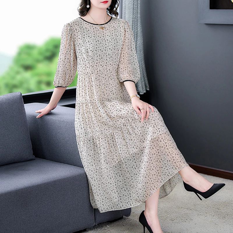 Spring/Summer 2023 New Beige Silk Printed Bubble Sleeves Loose Size Dress Women's French Drawstring Waist Show Slim Long Skirt