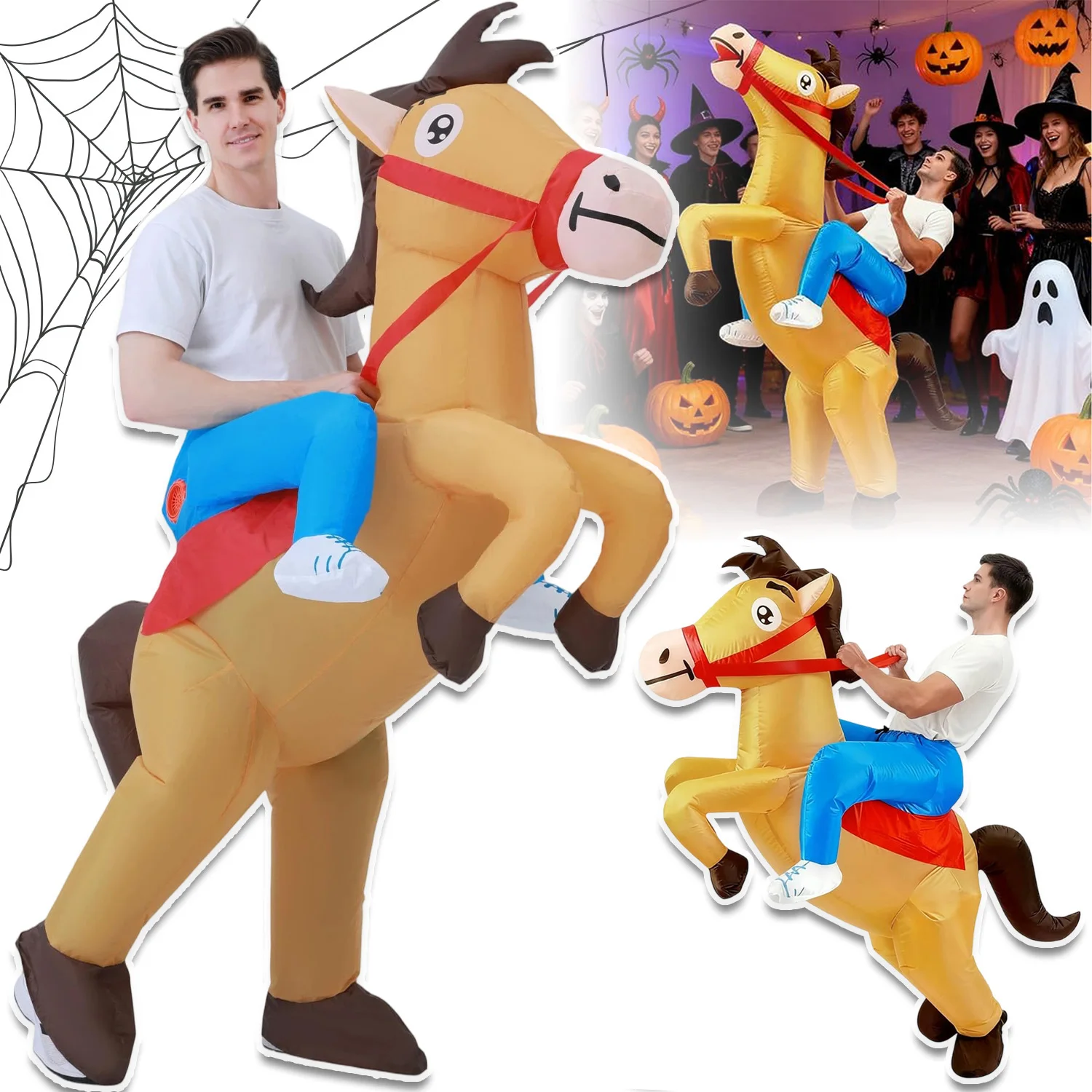 Kostium konia na Halloween, nadmuchiwany, zabawny strój kowboja jeżdżącego na koniu, rozmiar od 150 cm do 190 cm, idealny na imprezy urodzinowe i inne wydarzenia tematyczne.