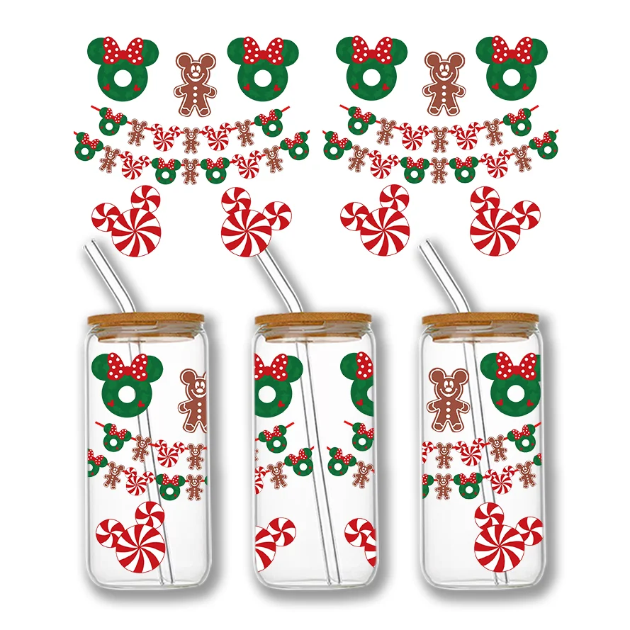 Desenhos animados de Natal UV DTF Cup Wraps, Transferências Adesivo, 16oz, Libbey Glass Can, DIY, Atacado