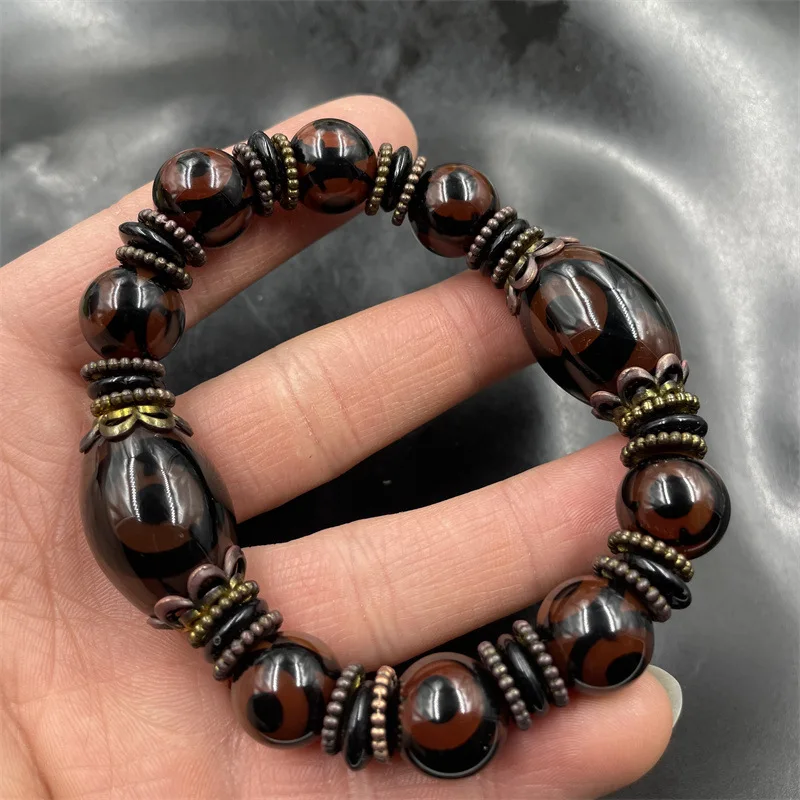 Deep Red Three-Eye Dzi Bead , Tibetan Old Agate Bracelet, Double Strand