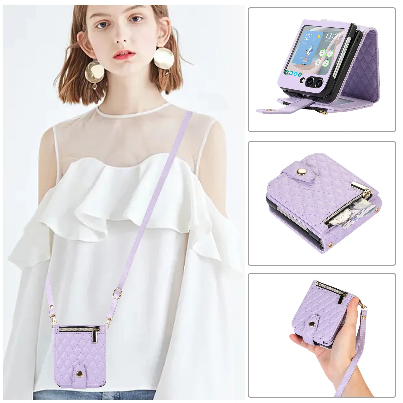 

Wallet Purse for Samsung Galaxy Z Flip 5 4 3 Crossbody Case with Credit Card Holder Strap Lanyard Cute Women PU Leather Zipper