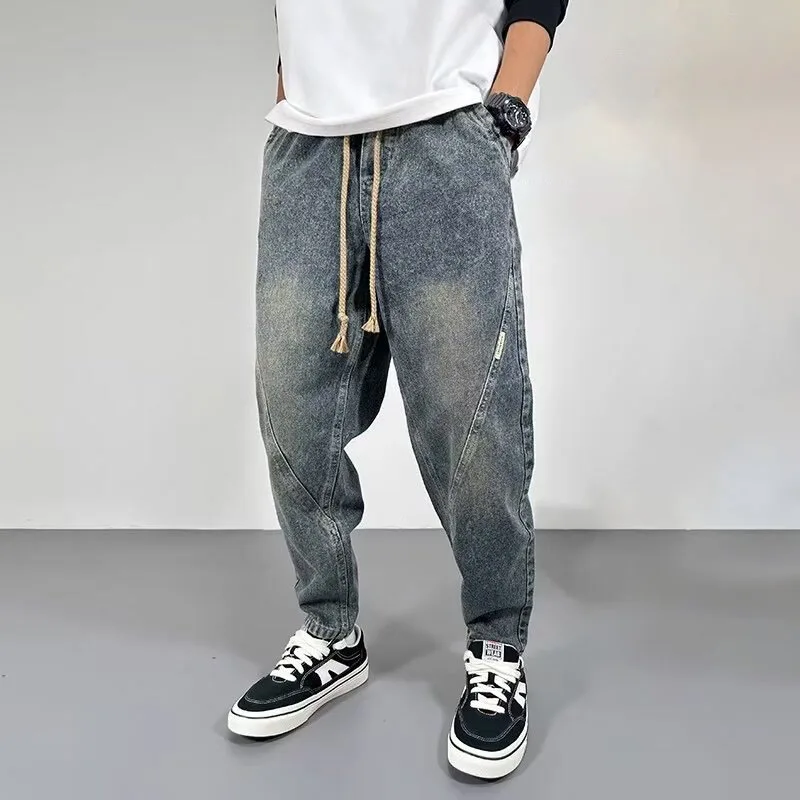 

Men'S Vintage Patchwork Jeans Drawstring Casual Pants Korea Dongdaemun High Quality Clothing Blue Baggy Jeans Y2k Jeans