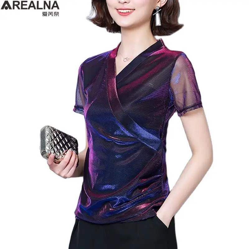 Shiny Gradient Mesh Blouse Women korean Fashion office blouses woman 2022 Summer V-neck OL Womens Tops and Blouses Shirts Blusas