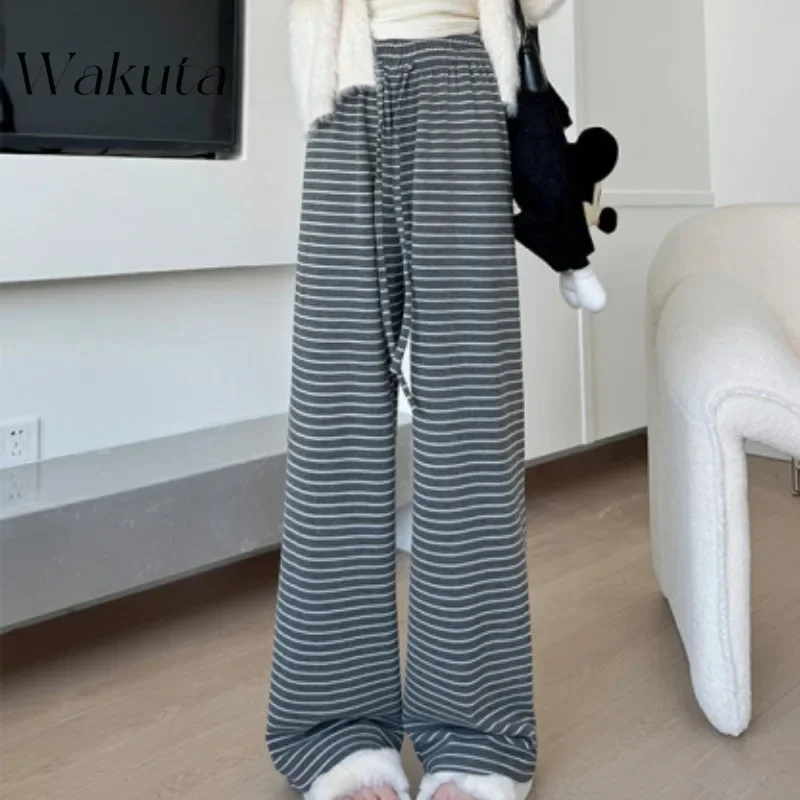 

WAKUTA Japanese Classic Striped Wide-legged Pant Fashion Spring/fall Straight Trousers Elastic Waist Thin Drag Capris Sweatpants