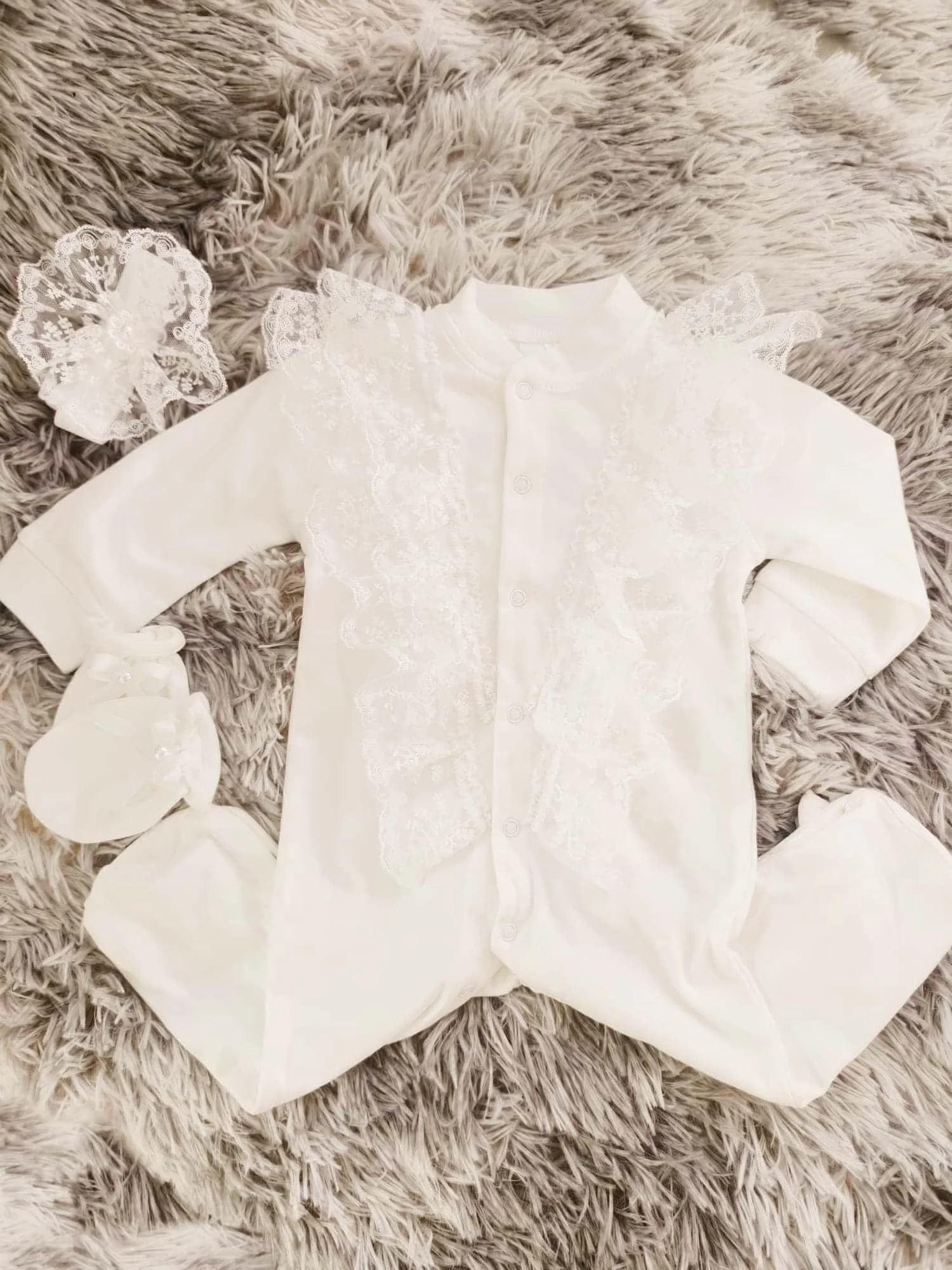 

3PCS Baby Girl White Lace Footed Onesie Set Elegant Vintage Christening Romper Newborn Baptism Outfit with Accessories