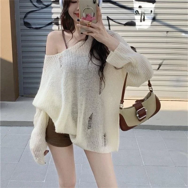 여성용 부드럽고 아늑한 니트 스웨터 봄 여름 어깨 노출 시크 커버업 홀 펀칭 자외선 차단 탑