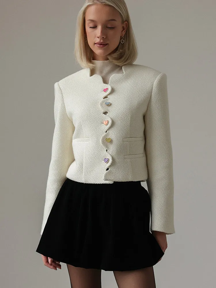 

Small Fragrance Lady Elegant Solid Cute Button Jacket Fashion Irregular Collar Long Sleeve Coat Woman Fall Causal Commuter Wears