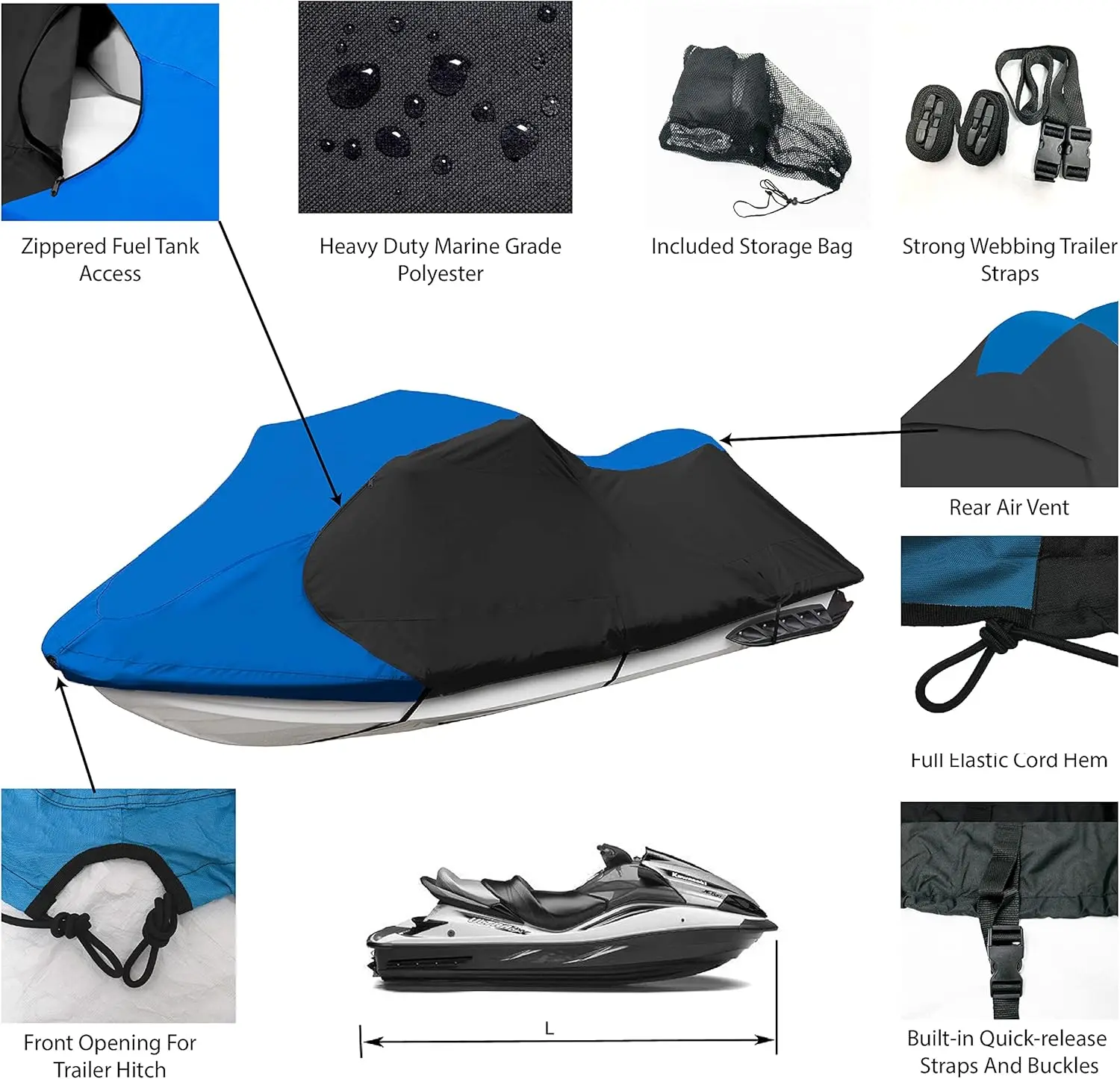 

Trailerable Jet Ski Cover, Waterproof Marine Grade 600D Heavy Duty Polyester PWC Cover Blue/Black Color·Factory Direct Sales